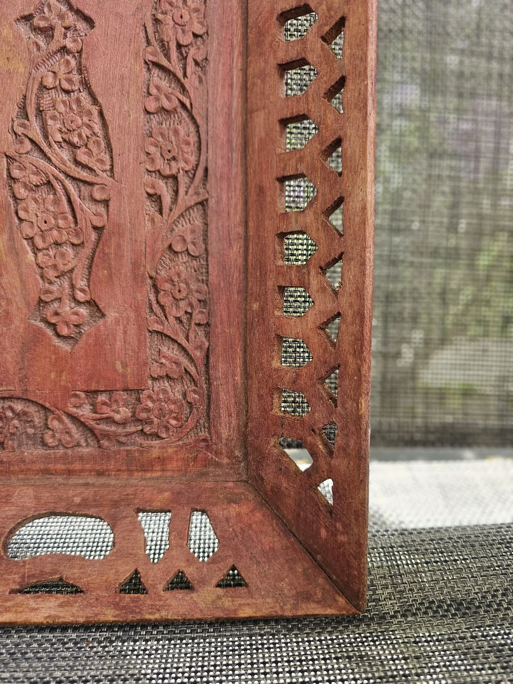 Vintage Hand Carved Wood Serving Tray India Boho Lattice Cutout Floral